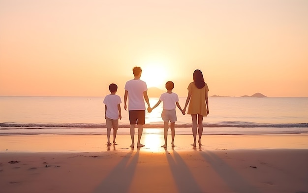 A family on the beach watching the sunset