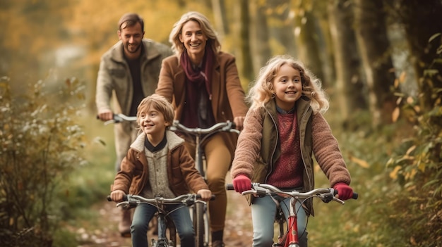 Family bike ride in the forest Group of family cyclists riding on the road in sunny spring day Created with Generative Ai