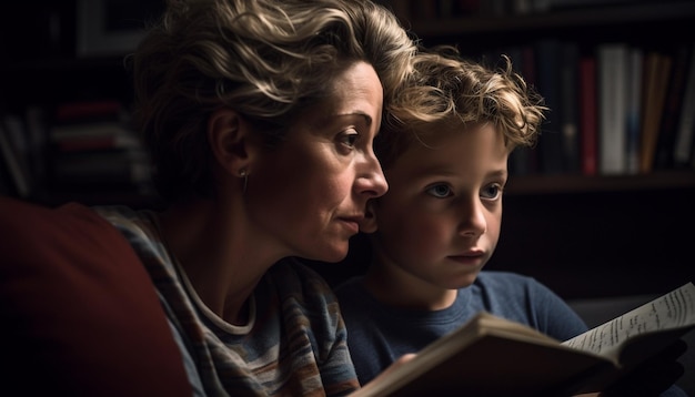 Family bonding over literature in cozy home generated by AI