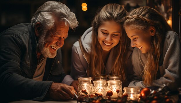 Foto famiglia che unisce amore e gioia in una confortevole celebrazione alla luce delle candele generata dall'ai