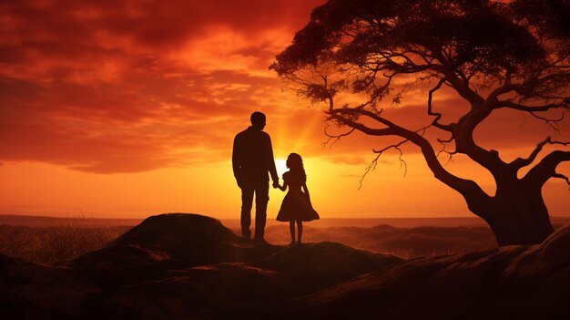 Family bonding in nature sunset silhouette embrace