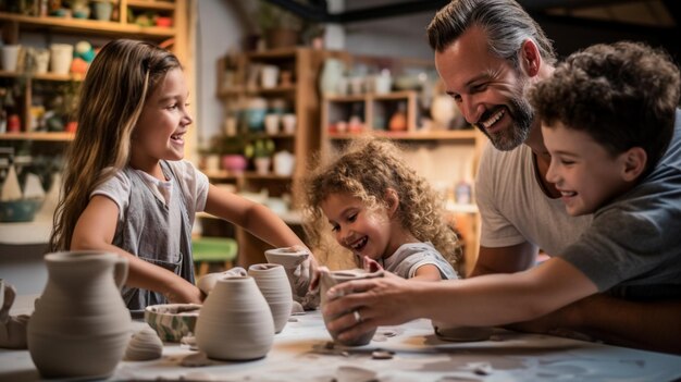 family bonding over pottery making in kitchen