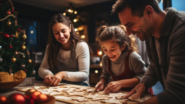 Photo family bonding over rolling out dough and using cookie cutters