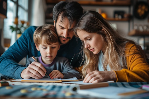 Foto tempo di legame familiare con i genitori aiutare il bambino con i compiti a casa