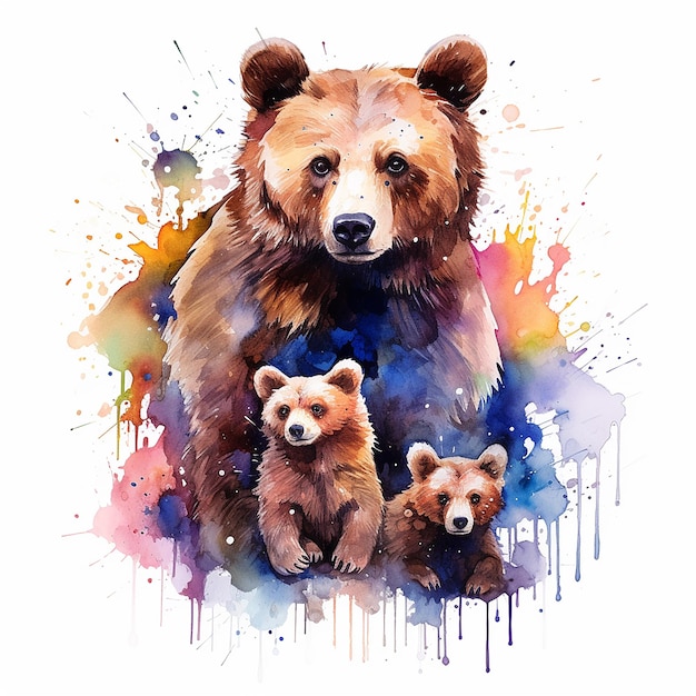 Family Bonds Tattoo Design of Watercolor Bear with Two Cubs