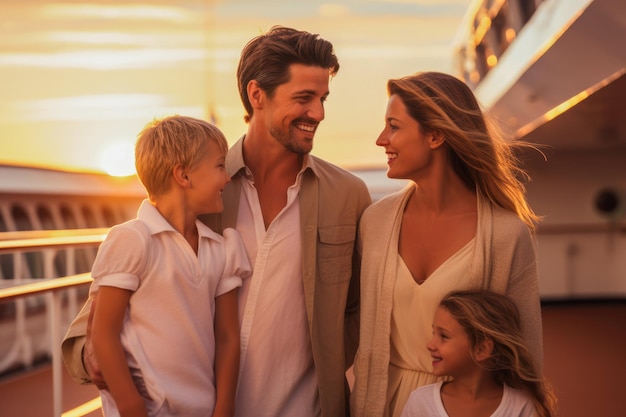 Photo family on a breathtaking sunset on the cruise ship's deck