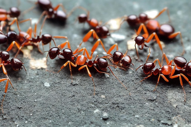 Family of brown and red ants sitting on dark gray stones