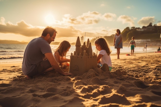 Family Building A Sandcastle On The Beach Generative AI