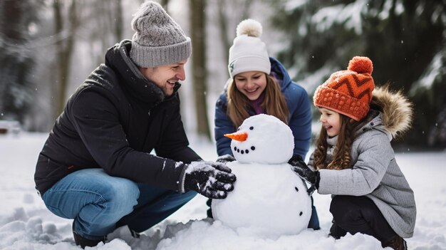 a family building a snowman at park