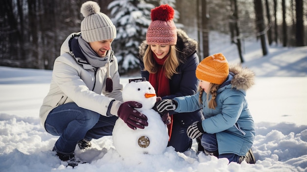 Семья лепит снеговика в парке