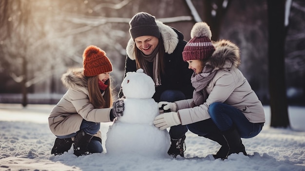 a family building a snowman