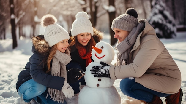 a family building a snowman