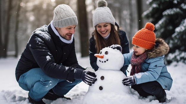 a family building a snowman