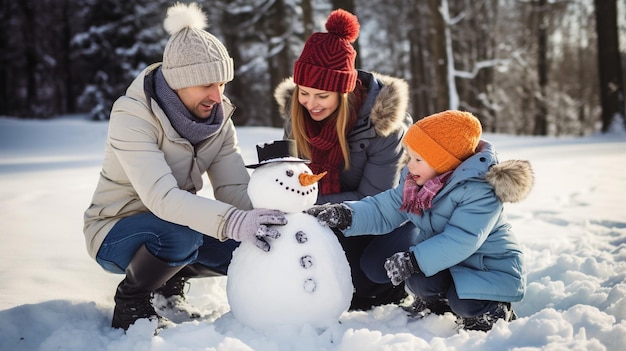 a family building a snowman