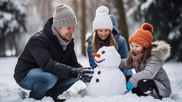 Foto una famiglia che costruisce un pupazzo di neve
