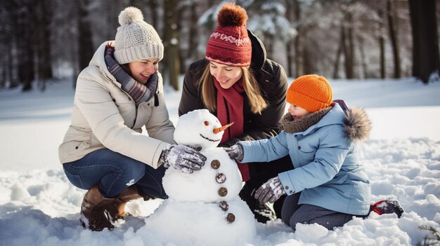 a family building a snowman