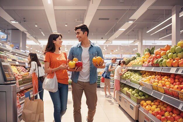 Family buying food in supermarket shop walking pushing cart and choosing groceries together