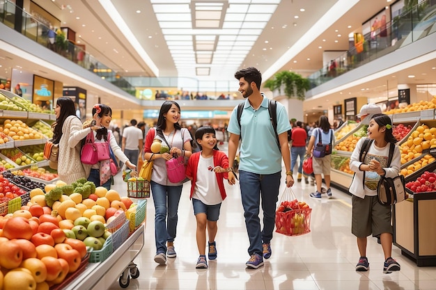 Family buying food in supermarket shop walking pushing cart and choosing groceries together