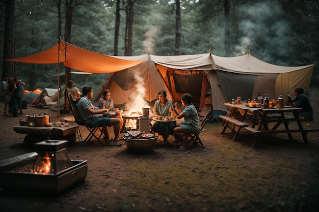 A family camping adventure in a lush forest with a spacious tent and a picnic feast of grilled meat