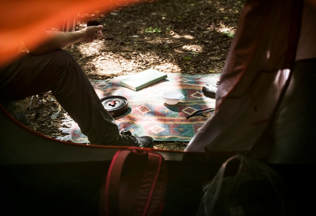 Family camping in the forest