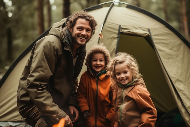 家族のキャンプの楽しいテントと木のキャンプの写真の笑顔