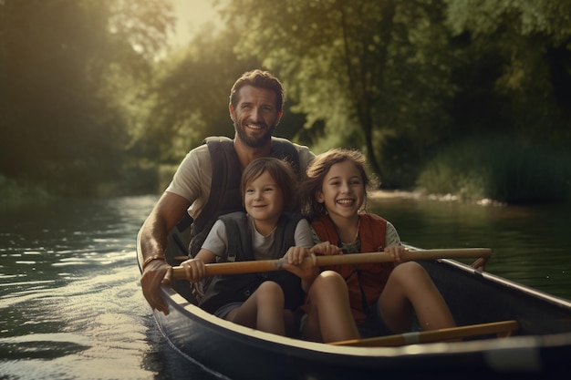 Family on a canoe trip down a winding river portra 00312 02