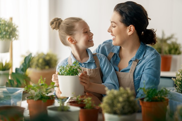 家族が植物を世話する