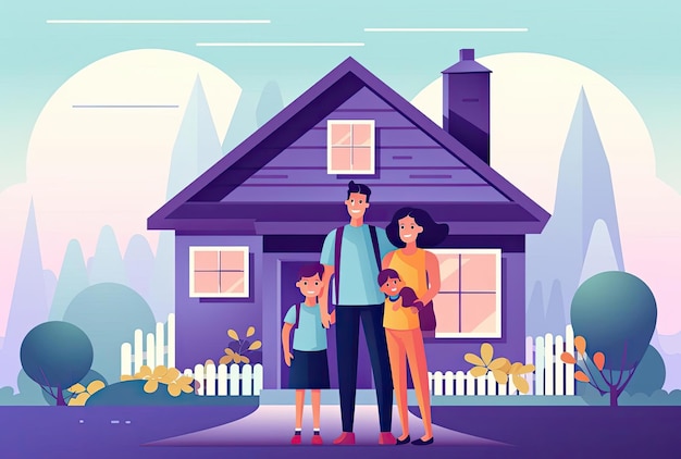 семейный персонаж мультфильма перед домом плоская версия иллюстрации