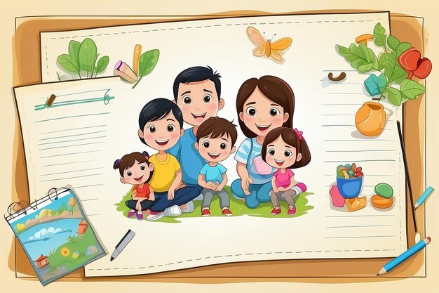 Family cartoon on note template