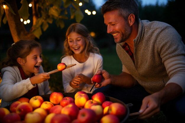 A family carving jackolanterns and roasting apples over a fire pit