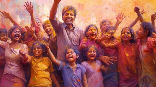 Family celebrate Holi festival festival of colours Generative ai