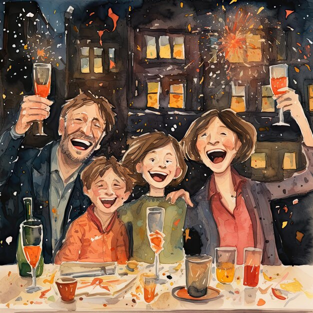 Foto la famiglia celebra l'illustrazione dei coriandoli dei fuochi d'artificio di capodanno
