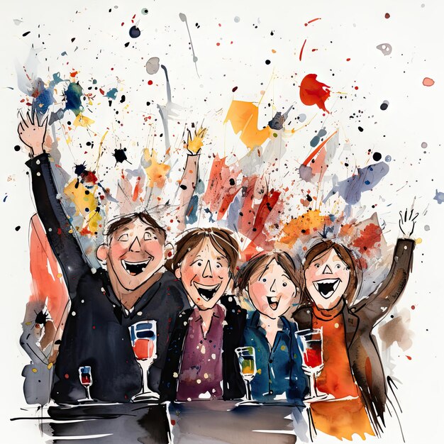 Family celebrate new year eve fireworks confetti illustration