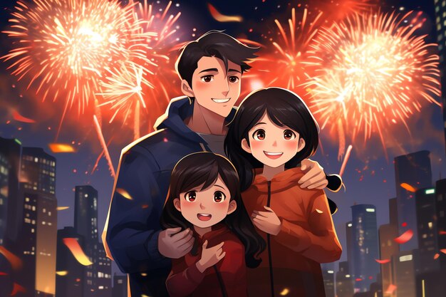 a family celebrates new year in the city with fireworks in the background anime style illustration