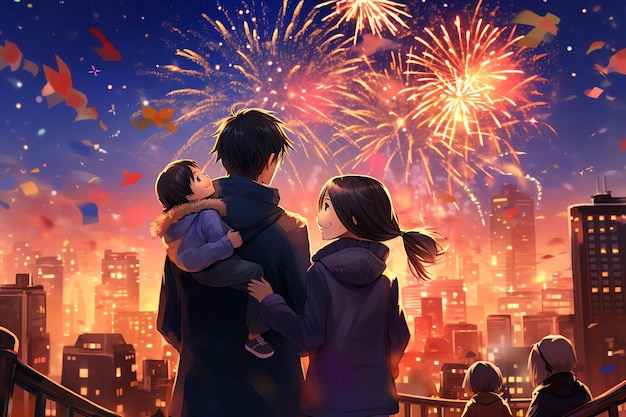 a family celebrates new year in the city with fireworks in the background anime style illustration