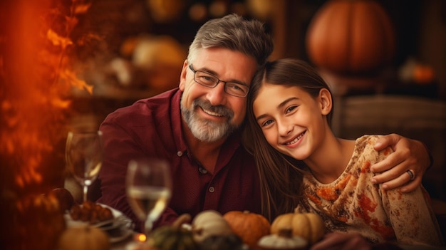 Family celebrates Thanksgiving and harvest festival Happy faces and smiles Warm autumn day