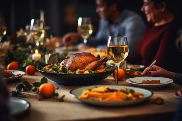 Family celebrates Thanksgiving together People are sitting at table and eating roast turkey at festive dinner