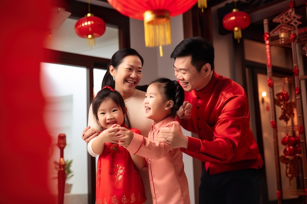 family celebrating chinese new year decorating home generative ai