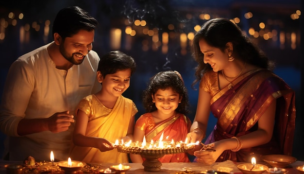 Семья празднует Дивали, фестиваль света и веселится