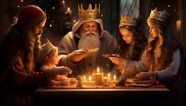 Foto una famiglia che celebra el da de los reyes magos