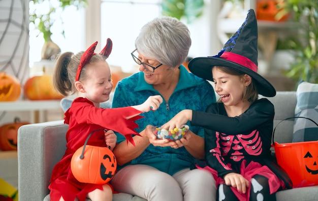 Family celebrating Halloween