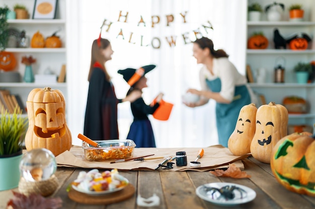 Family celebrating Halloween