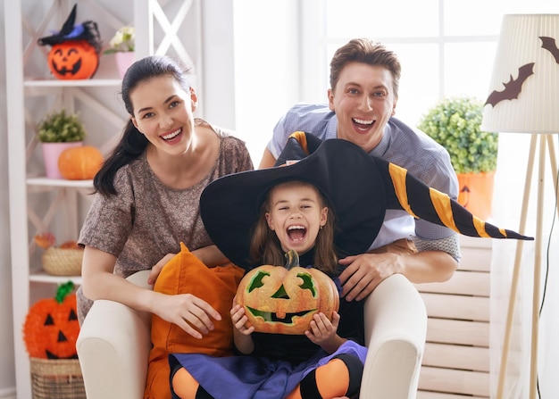 Family celebrating Halloween