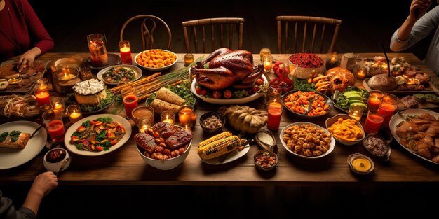 Photo family celebrating thanksgiving day at a table with a lot of food and turkey