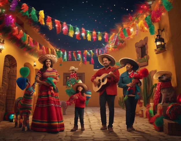 Photo a family celebrating a traditional mexican posada complete with piaatas and festive music