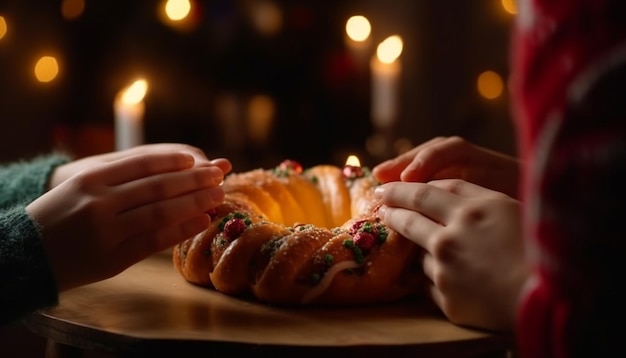 Family celebration indoors holding homemade pumpkin cookies generated by AI