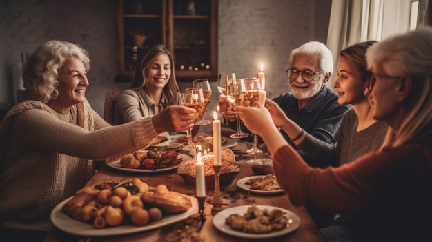 A family cheers at a dinner table with candles and a plate of food.