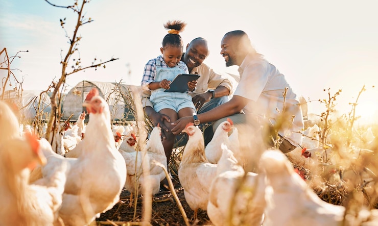 Photo family chicken farm support and gay parents in countryside with sustainability agriculture help and kid hug farming and child together with parent love and support with bird and animal livestock