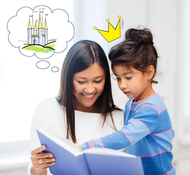 family, childhood, leisure and people concept - happy mother and daughter with book reading fairytale at home