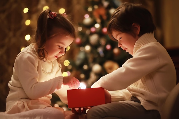 暖炉のそばでクリスマスイブの家族 クリスマス プレゼントを開く子供たち クリスマス ツリーの下でギフト ボックスを持つ子供たち 伝統的な暖炉のあるリビング ルームの装飾 家で居心地の良い暖かい冬の夜